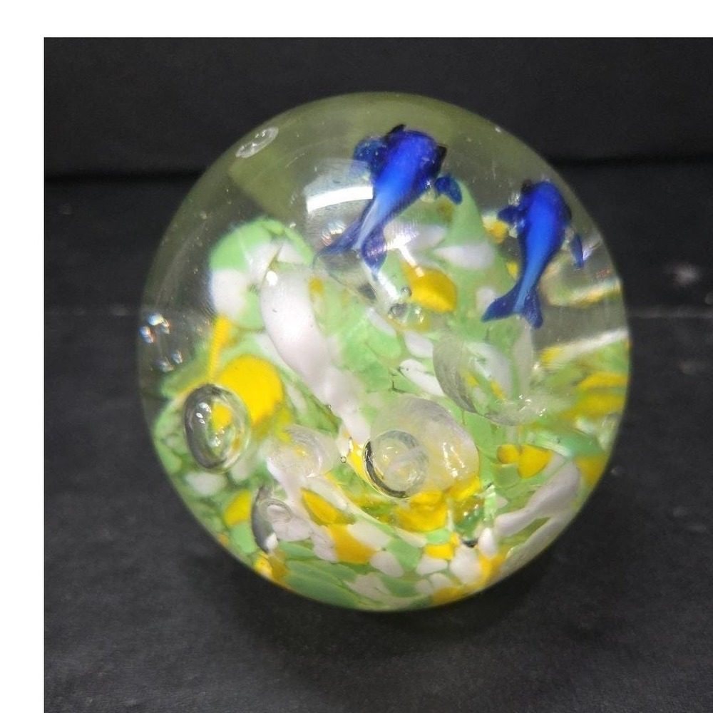 Dolphin with Green Yellow Waves Round Paperweight, Controlled Bubbles Sculpture - Picture 9 of 11